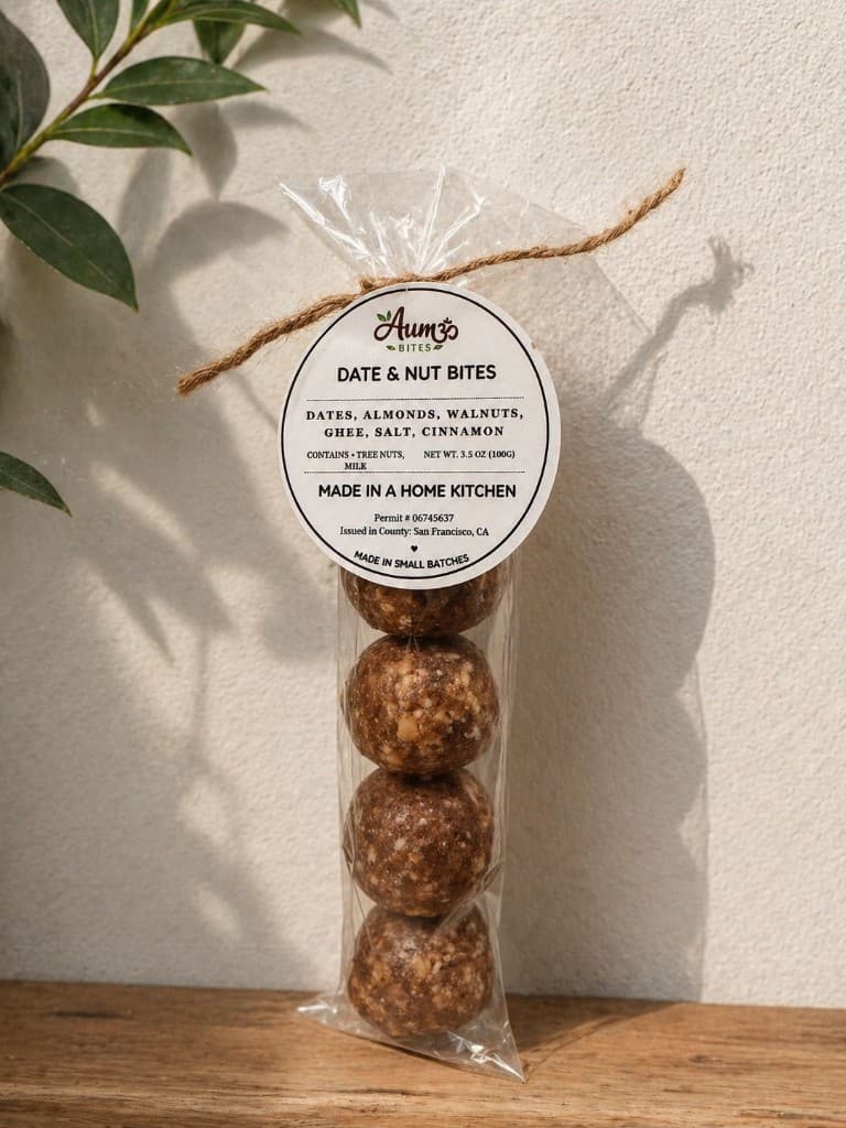 Date & Nut Bites in a clear cellophane bag tied with twine, with the Aum Bites label